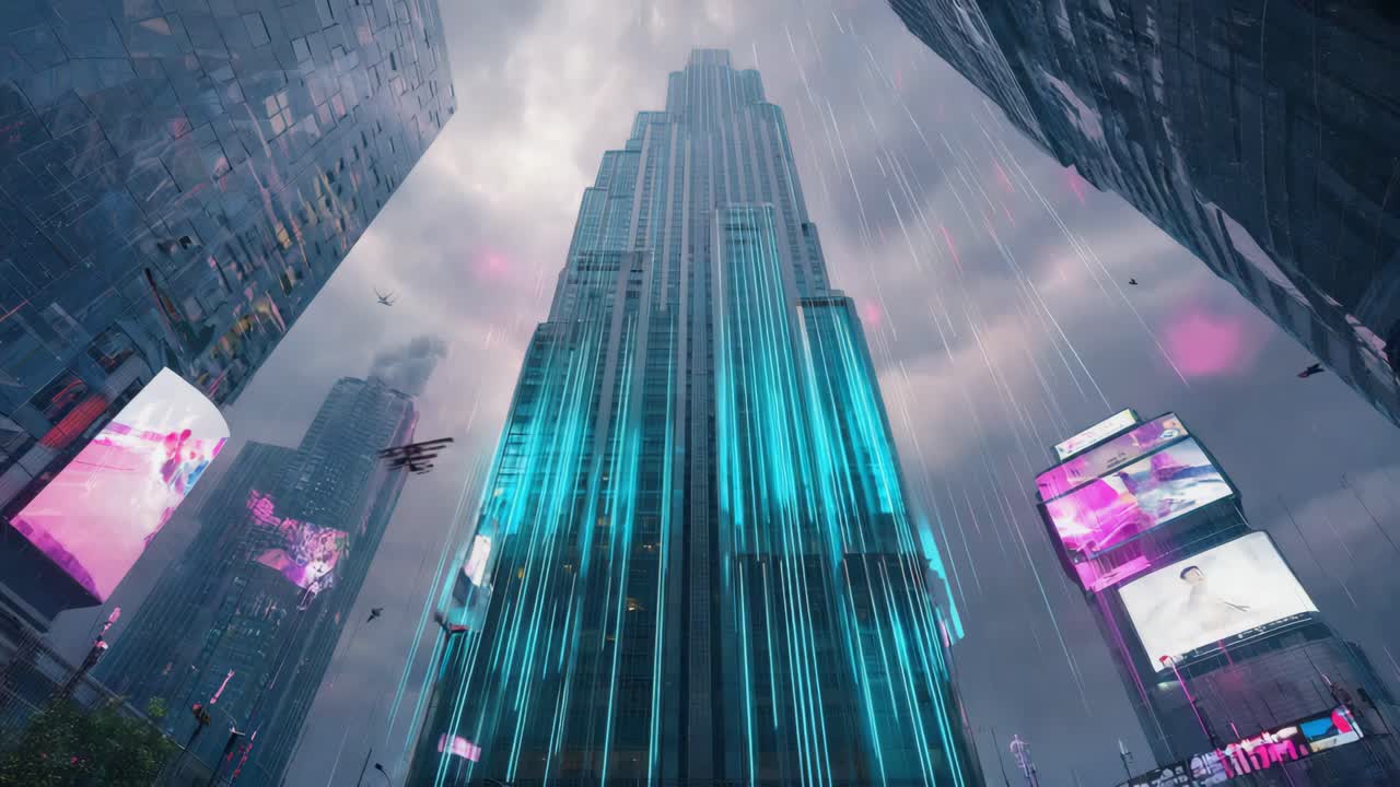 Futuristic Cityscape with Glowing Skyscraper