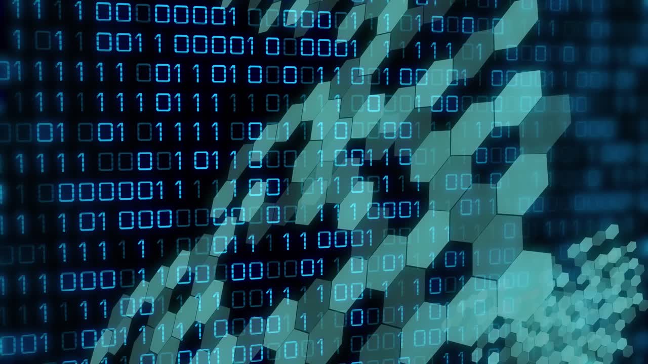 Animation of data processing and binary coding over network of hexagons