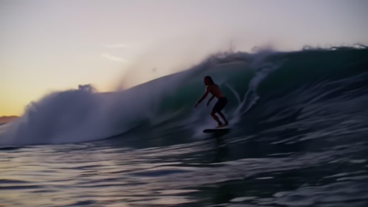 A skilled surfer rides a magnificent wave during sunset, with the sky painted in warm colors and the ocean reflecting the beauty of the moment. The atmosphere is serene and captivating.