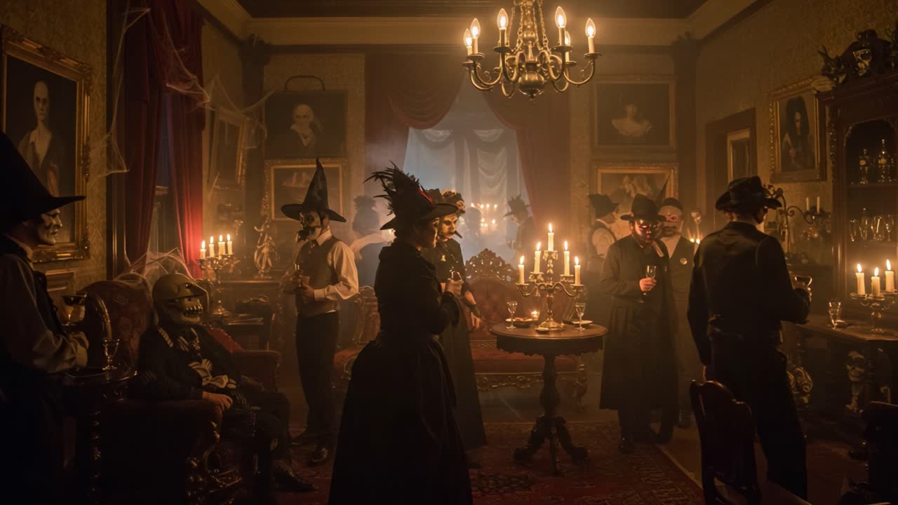 A Haunting Gathering: Enigmatic Figures in Costumes Illuminate a Mysterious Room Filled with Shadows and Candlelight, Capturing the Essence of a Spooky Celebration