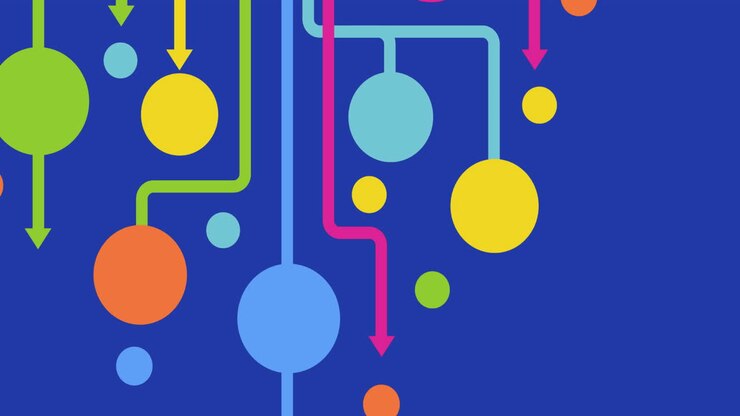 Animation of colourful connected circles and pink shapes moving on blue background