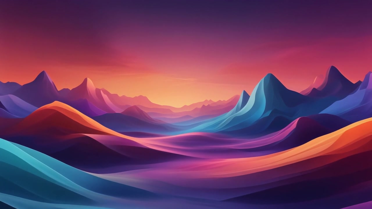 Paesaggio digitale astratto con montagne dai colori vivaci al tramonto