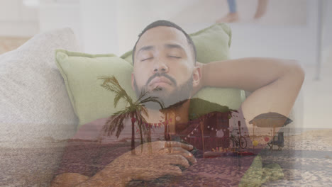 animation of summer tropical beach over man sleeping on sofa