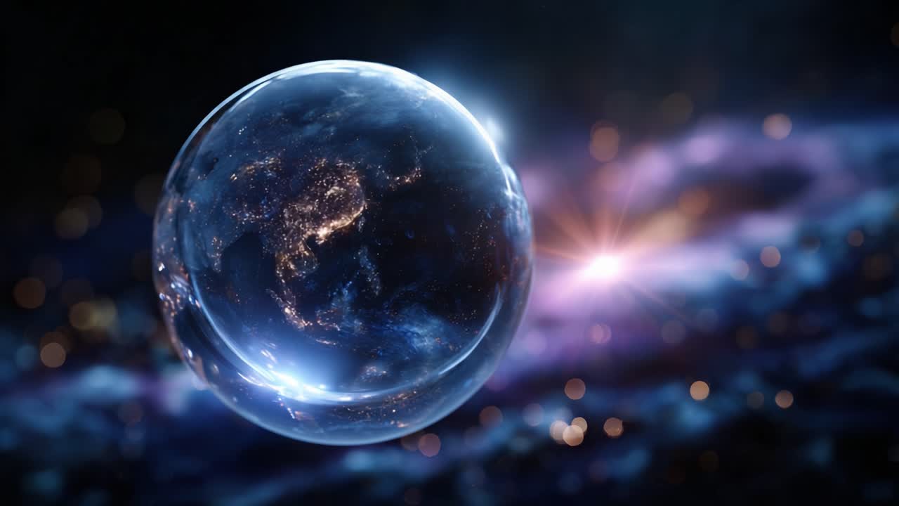 Una prospettiva mozzafiato della Terra racchiusa in una sfera di cristallo su uno sfondo celestiale, che mette in risalto la bellezza del nostro pianeta all'interno dell'Universo