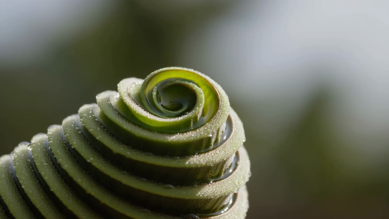 Vista macro de una suculenta en espiral cubierta de gotas de agua, mostrada en primer plano a la izquierda con hojas en capas y un fondo verde suavemente desenfocado en un entorno natural