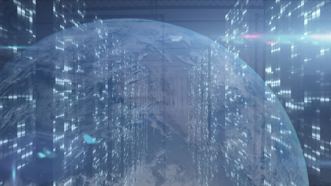 검은색 배경에 회전하는 지구 위에 떨어지는 바 그래프와 렌즈 플레어의 애니메이션