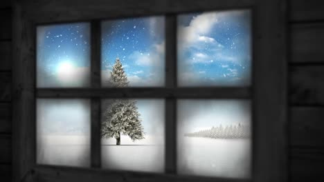 Animation-of-window-view-of-christmas-tree-and-winter-landscape