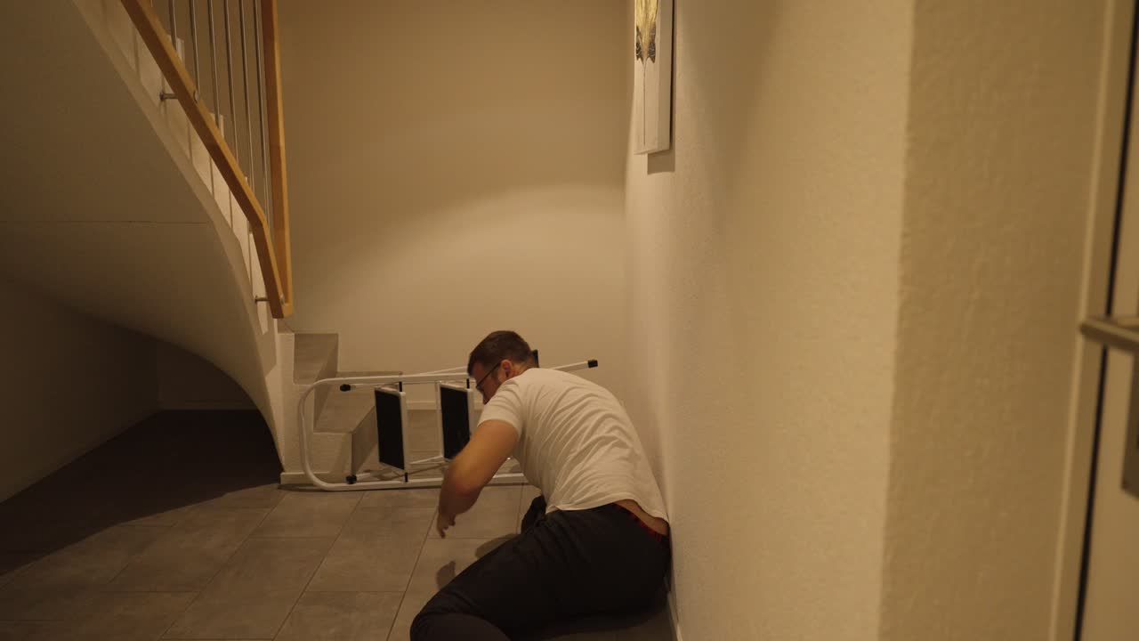 A man loses balance and falls from a ladder in slow motion inside a hallway. The scene highlights the dramatic moment of the accident and his reaction on the floor