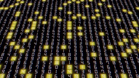 codice digitale di big data esadecimale con luce gialla casuale su uno sfondo nero. elaborazione dei dati. tecnologia dell'informazione futuristica. connessione di rete. 4k
