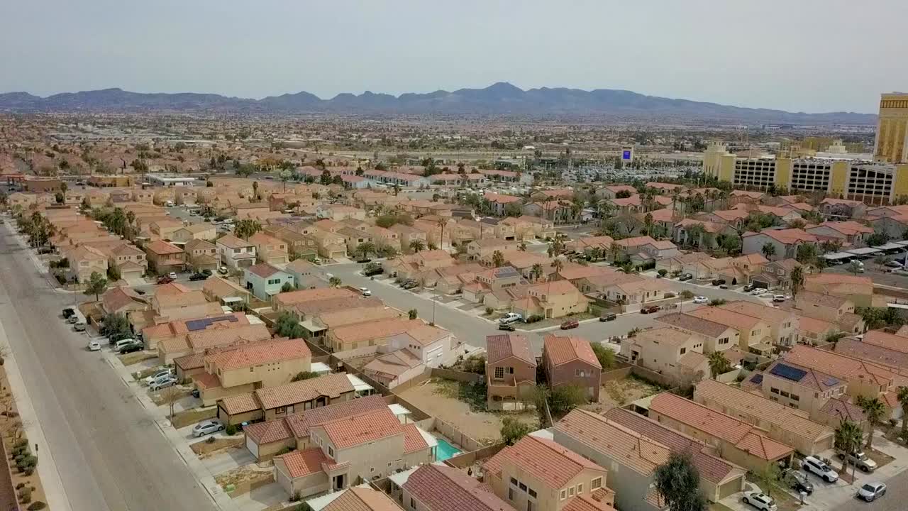 Sorvolo aereo di un quartiere residenziale con palme disposte in diagonale