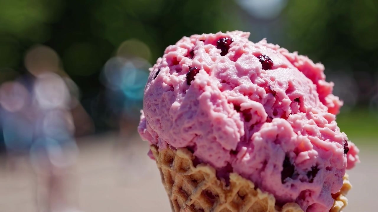 Primo piano di gelato ai frutti di bosco rosa che si scioglie in un cono waffle