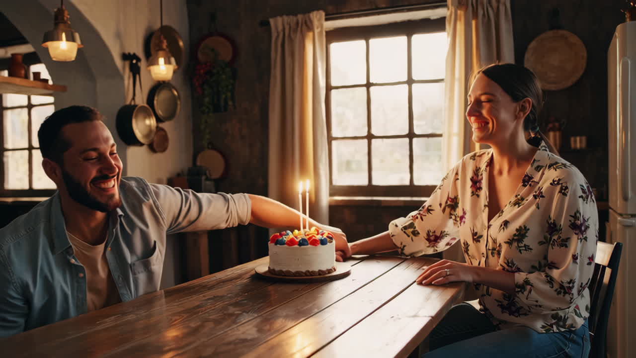 A couple celebrates with a birthday cake in a rustic home kitchen
