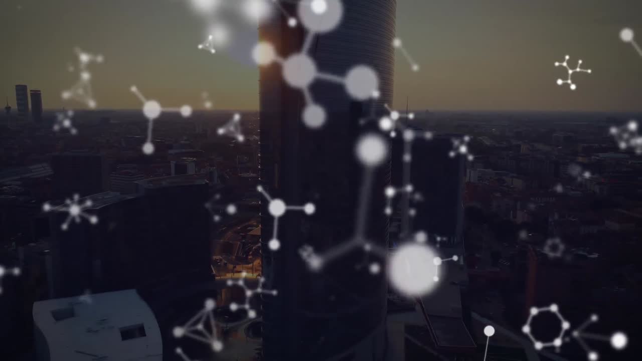 도시 풍경 위에서 움직이는 모양의 애니메이션