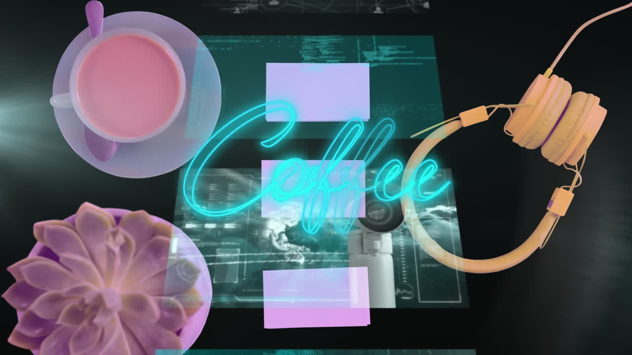 animación de texto de café en neón azul, con cámara de seguridad y pantallas que procesan datos sobre la mesa