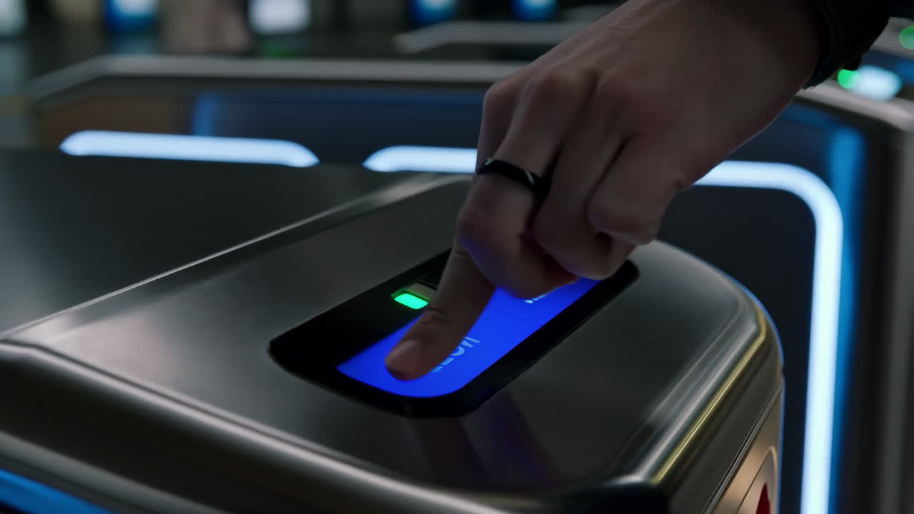 Finger touching a screen of a turnstile