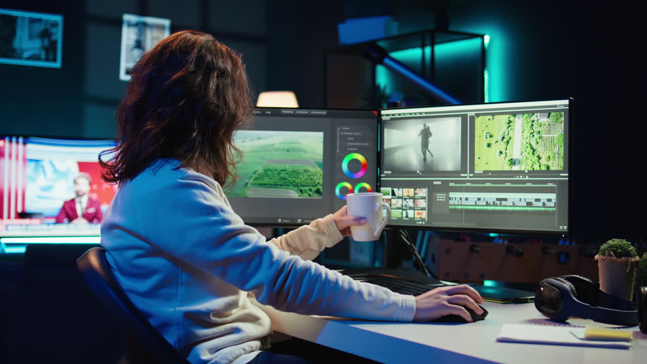 especialistas en la corrección de colores mientras beben café