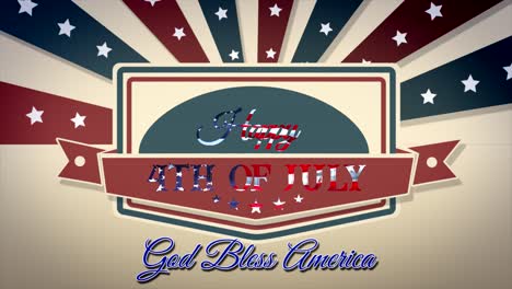 vintage style, clean, animated motion graphic celebrating 4th of july, with central shield and banner design, animated star spangled banner and god bless america text, in patriotic red, white and blue