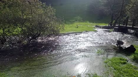 A-tranquil-stream-flows-under-a-bridge-in-the-lush-green-landscape-of-Anglesey,-Wales,-with-a-slight-overflow-of-water