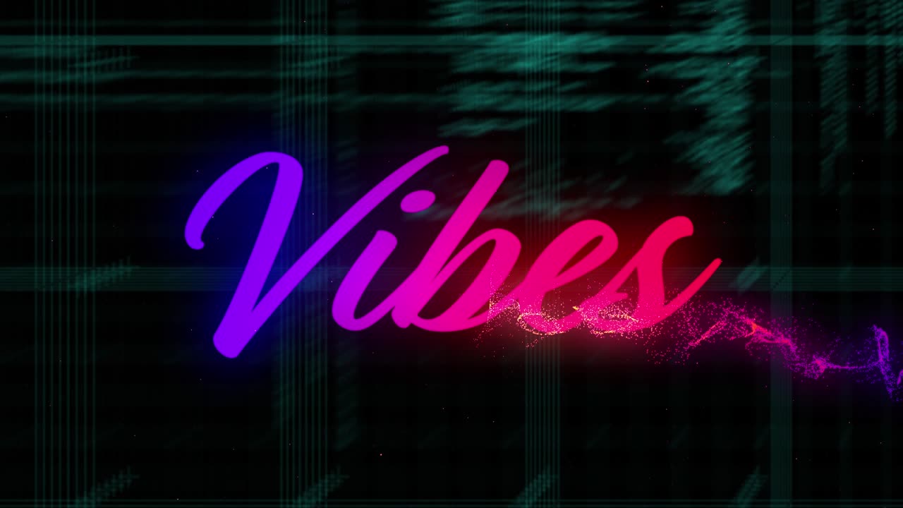 Animation of vibes neon text with data processing on black background