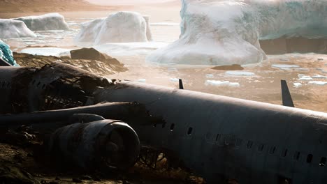 old broken plane on the beach of iceland