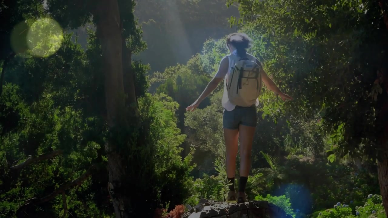 Caminhante viajante colocando o pé no toco, escalando, equilibrando-se e apreciando a vista ensolarada com mochila