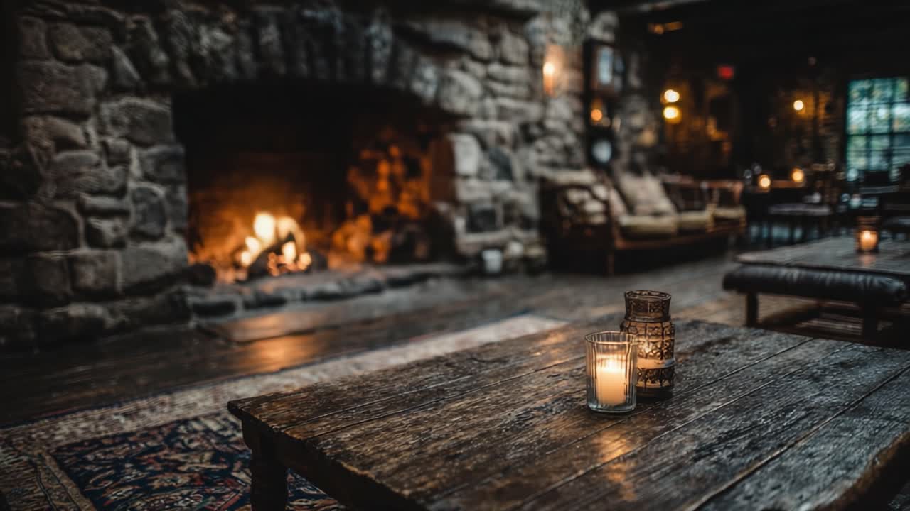 Un interno caldo, invitante e accogliente con un caminetto in pietra e candele tremolanti, ideale per il relax e il comfort in un ambiente rustico.