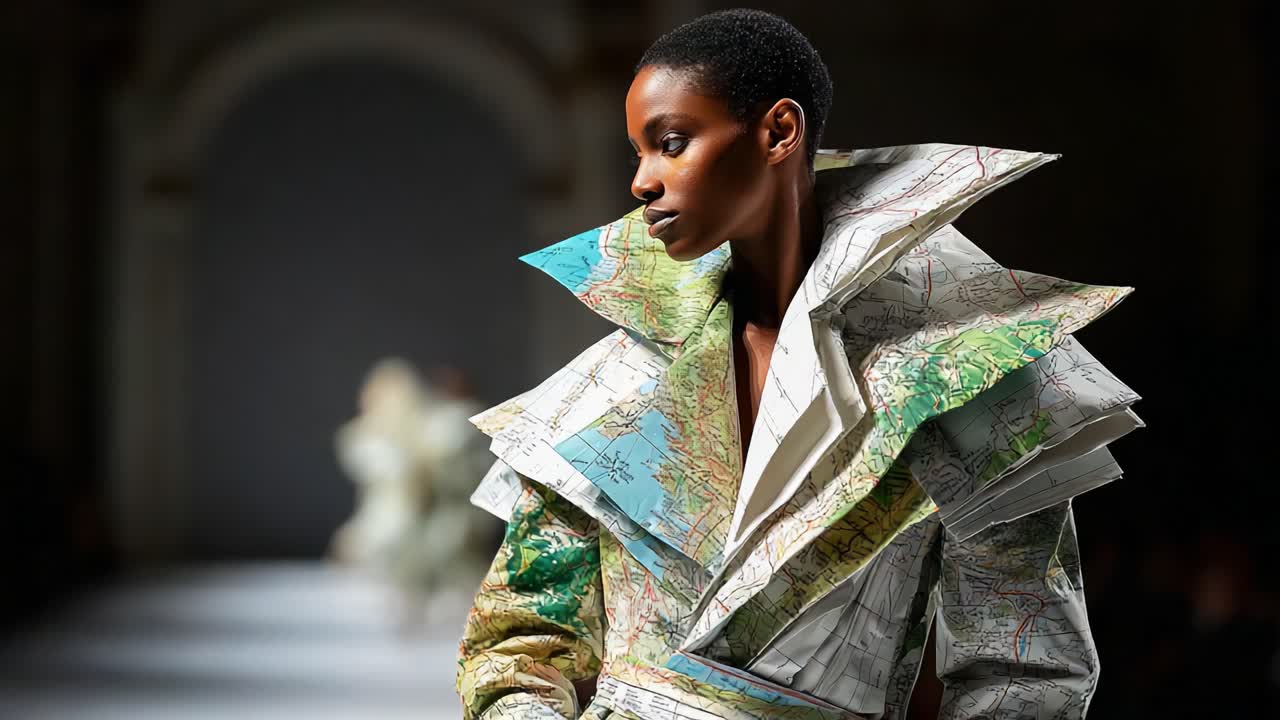 A Stunning Fashion Statement: Model Showcasing a Unique Garment Made of Maps, Merging Style and Artistry on the Runway, Perfectly Capturing the Essence of Modern Couture Design
