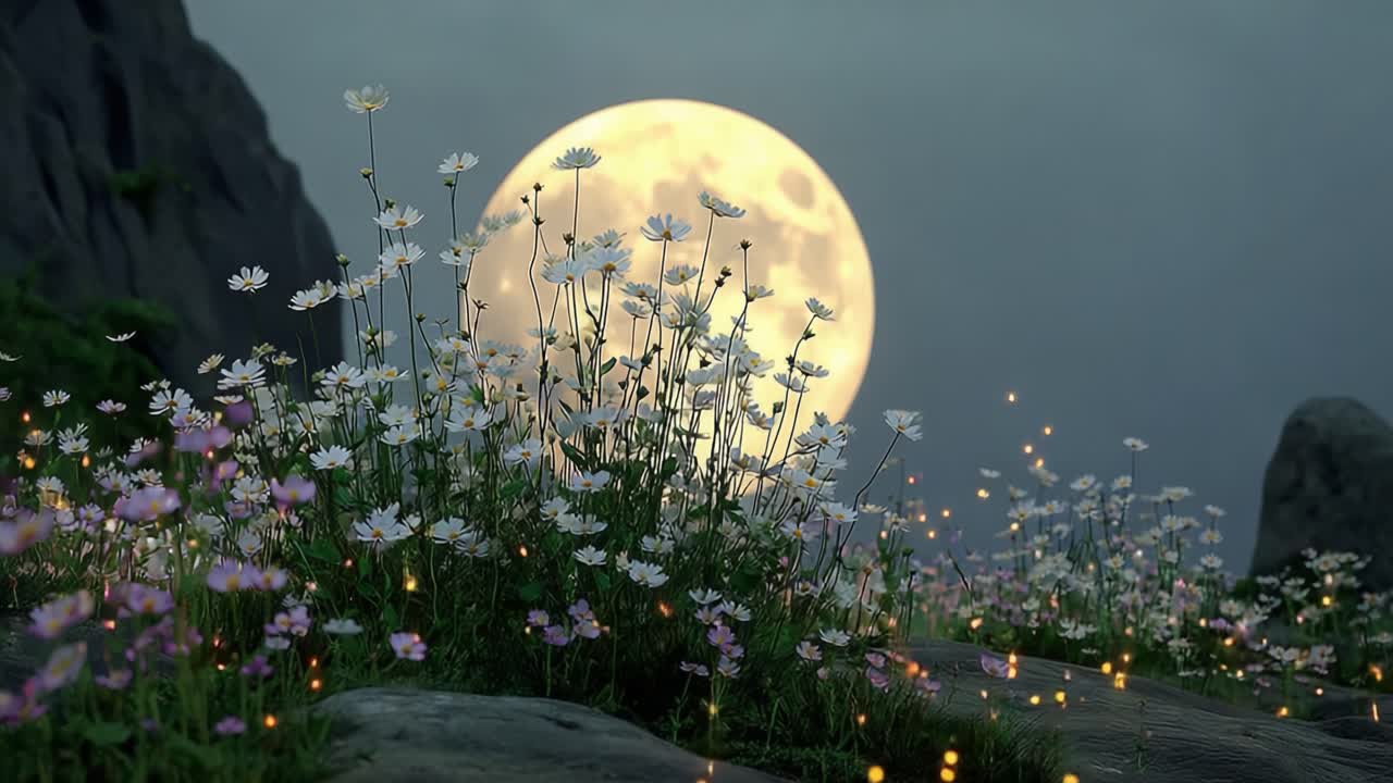 A Serene Nightscape Featuring Lush Wildflowers in the Foreground Underneath a Full Moon, Creating a Dreamlike Atmosphere with Glowing Fireflies