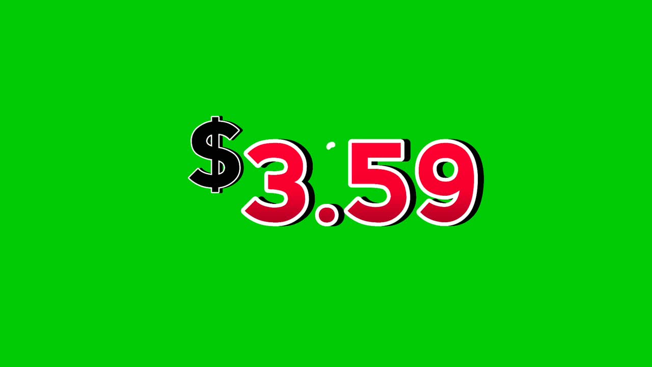 Yeşil ekran arka planı üzerinde duman efektleriyle kalın kırmızı rakamlarla gösterilen 3,59 Dolar fiyat etiketi animasyonlu hareketli grafikler. Dolar sembolü belirgin bir şekilde sergilenir; promosyonlar, reklamlar, banner ve pazarlama için mükemmeldir