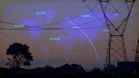 power tower silhouette overlaying grid and map projection, displaying floating data points