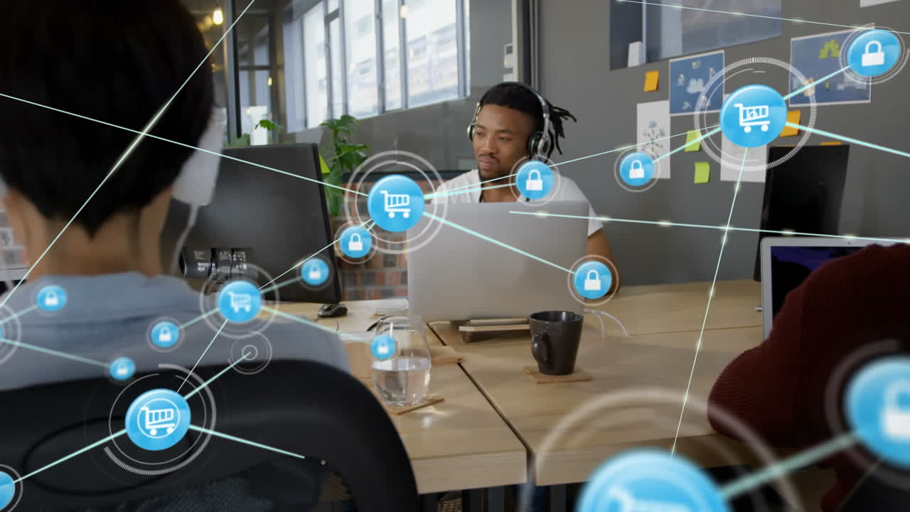 animación de la red de conexiones con iconos sobre diversas personas de negocios en la oficina