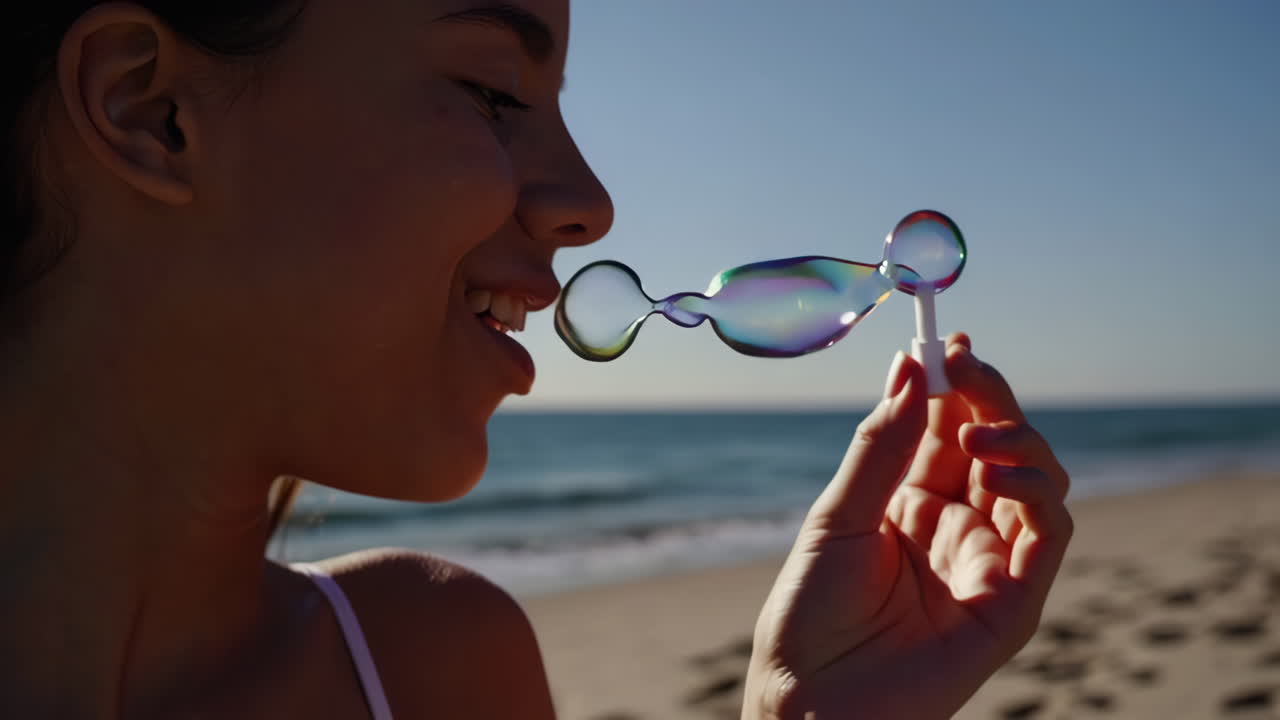 Person Blowing Bubbles on a Sunny Beach