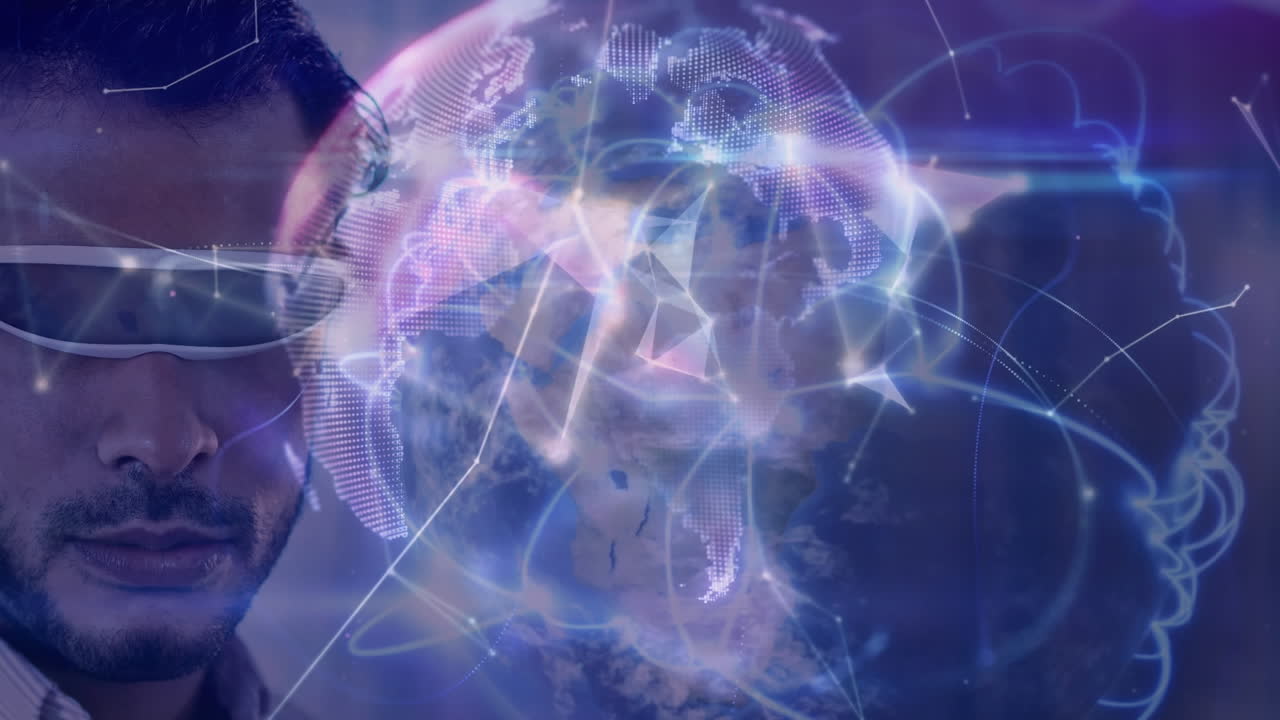 animación de la red de conexiones y el globo sobre el hombre de negocios que usa auriculares vr