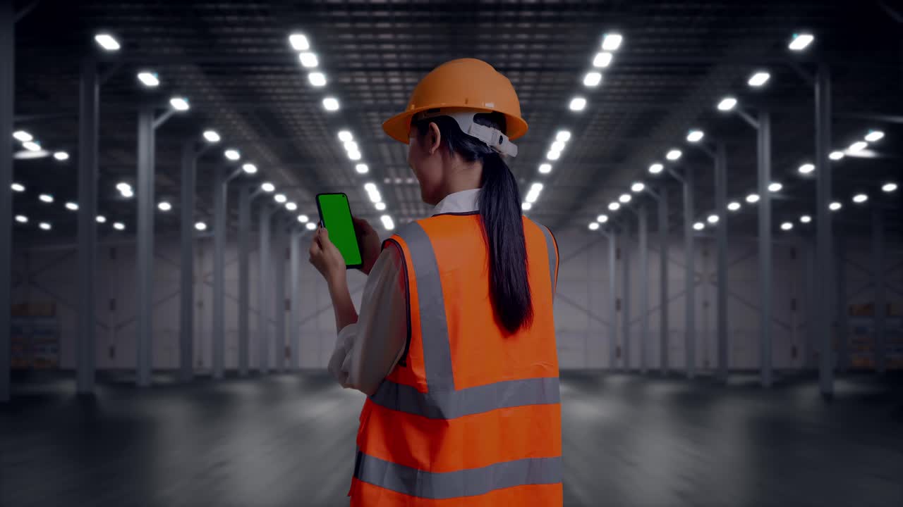 Vista trasera de ingeniera asiática con casco de seguridad trabajando en un smartphone con pantalla verde y observando a su alrededor en un almacén moderno vacío.