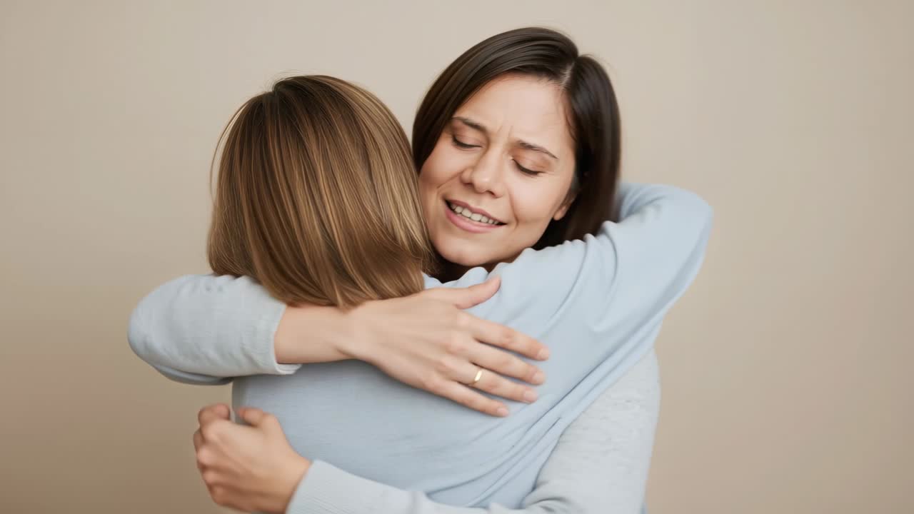 Due donne che si abbracciano contro un muro beige, iniziando un abbraccio stretto, offrendo supporto per il benessere, con un anello visibile.