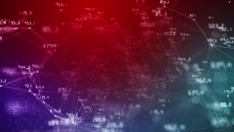 numbers and plexus lines on colored abstract background. financial indicators that change chaotically. connected dots and small particles. looped business animation.