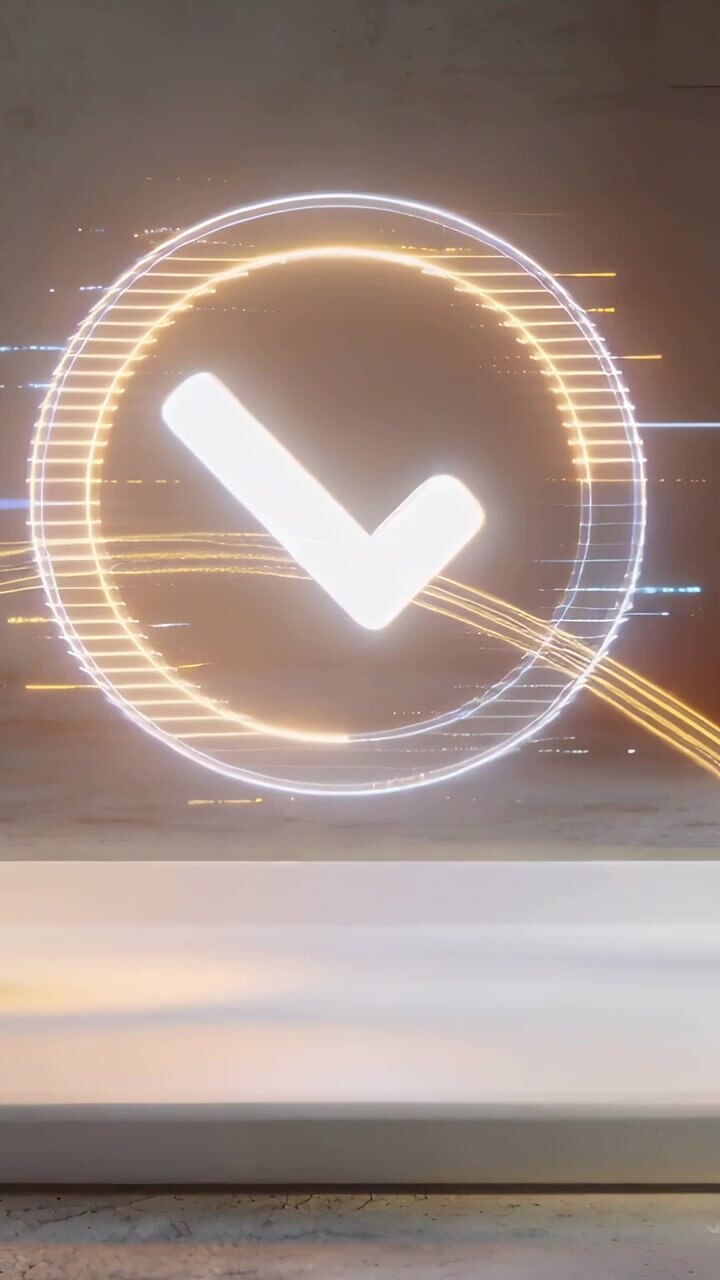 Vertical video: Starting hologram ring with 3D check rotating in studio, signaling confirmation