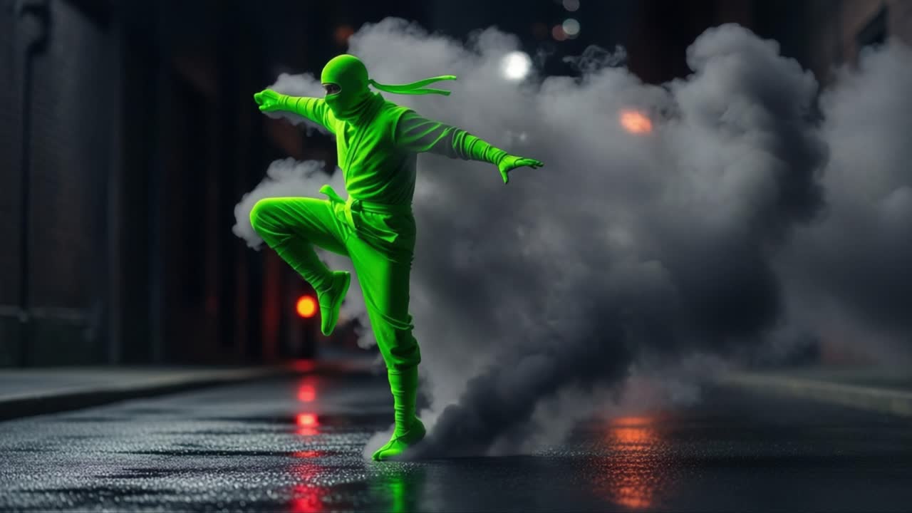 A Dynamic Neon Ninja in Motion: A striking visual of a vibrant ninja figure shrouded in a cloud of smoke, expertly executing a dramatic move on a wet urban street at night