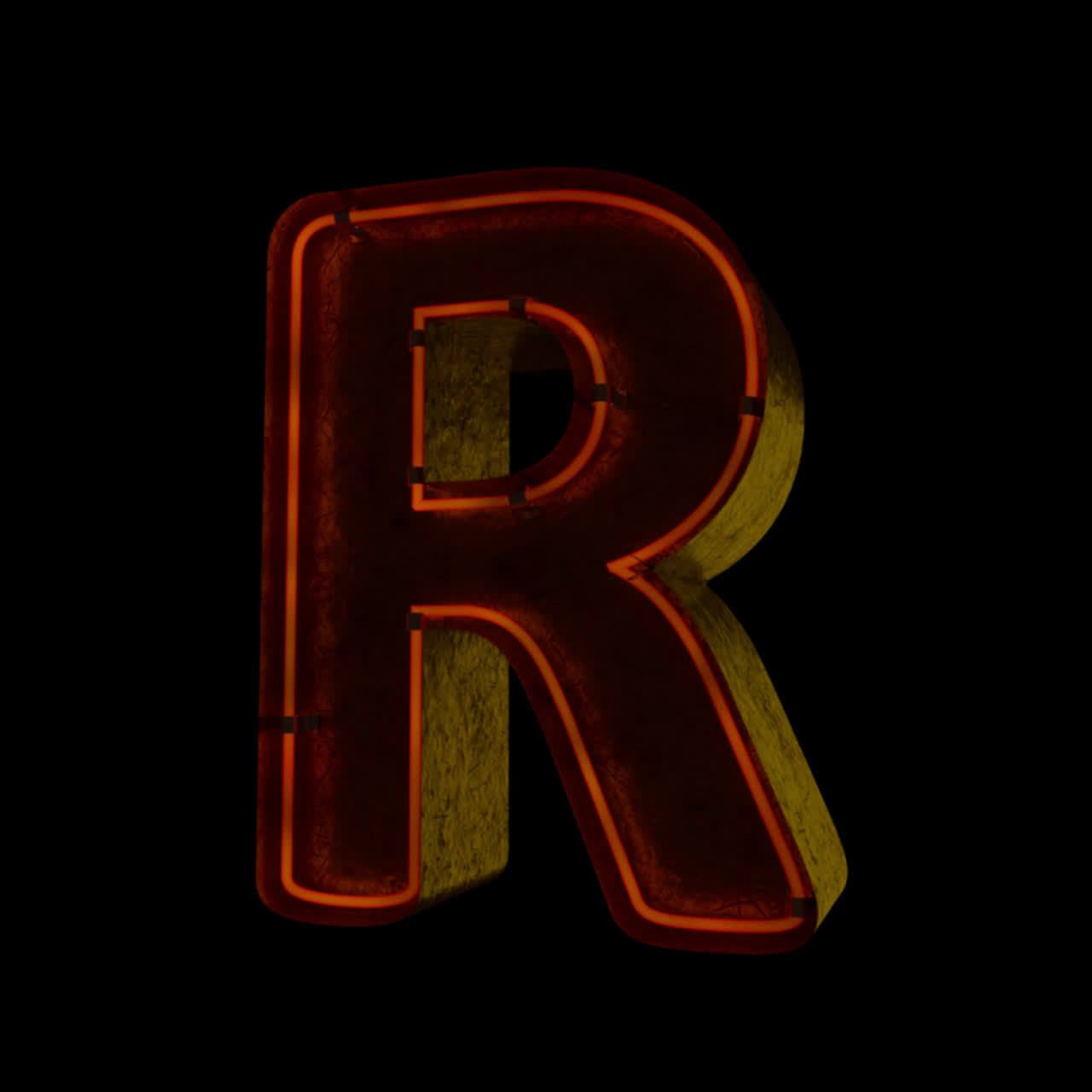 Glowing Neon Letter R with Flickering Light on Black Background