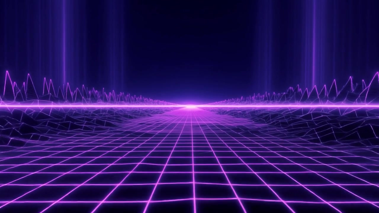 Paesaggio digitale in stile retro synthwave con griglia viola luminosa
