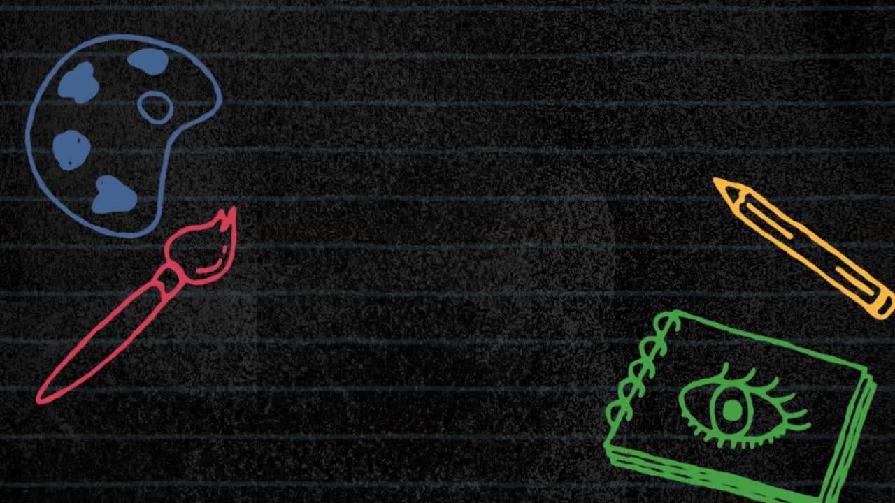 학교 개념 아이콘의 애니메이션은 복사 공간과 함께 검은 바탕에 변화하는 그런지 효과에 대항합니다.