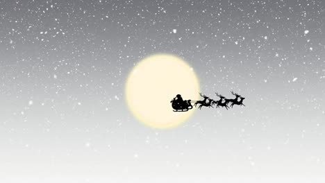 Animation-of-snow-falling-over-santa-claus-in-sleigh-being-pulled-by-reindeers-against-moon
