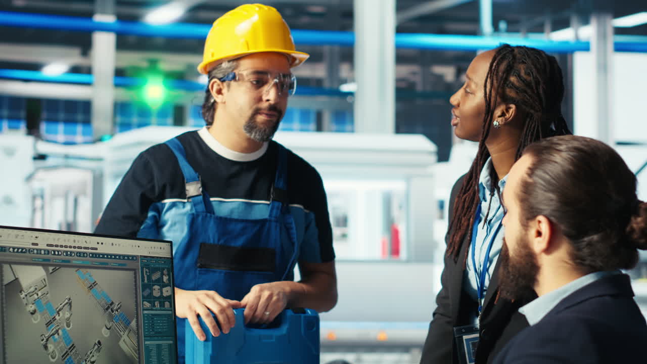 el líder del equipo de la fábrica fotovoltaica da tareas a los trabajadores después de la resolución de problemas