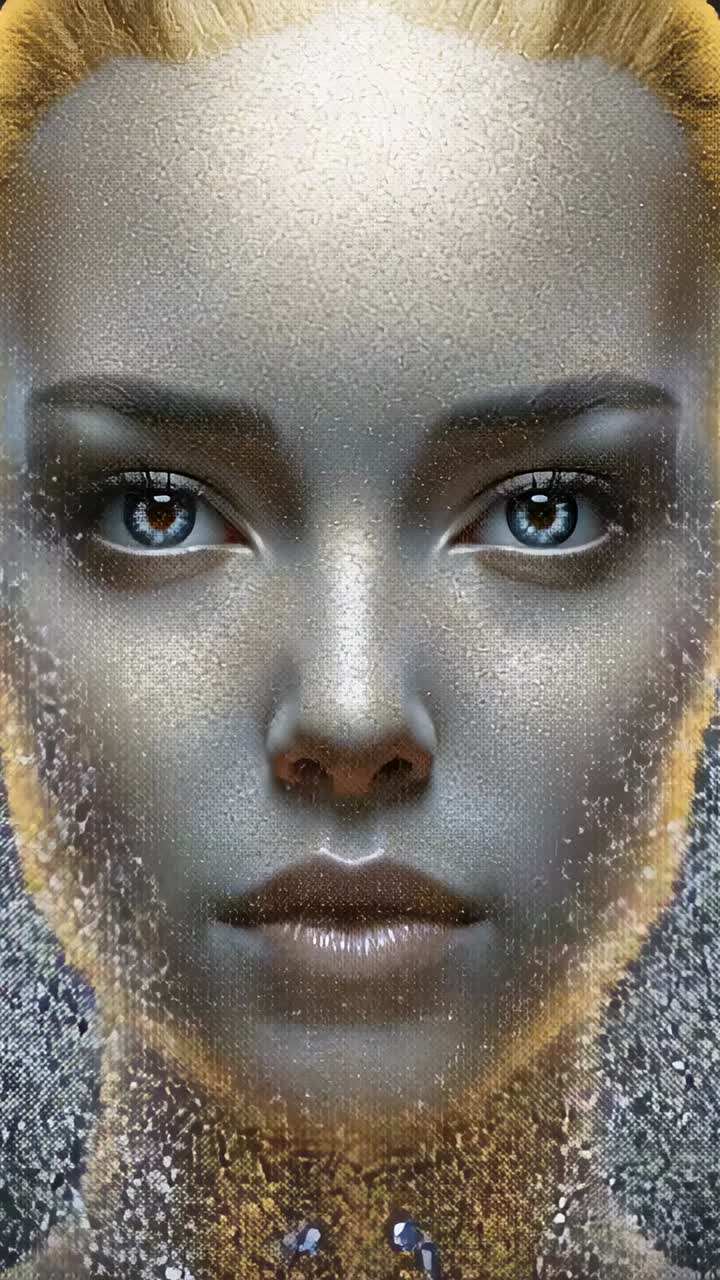 Vertical video: Forming cloud above brow, metallic skin in studio receiving glitter, creating halo