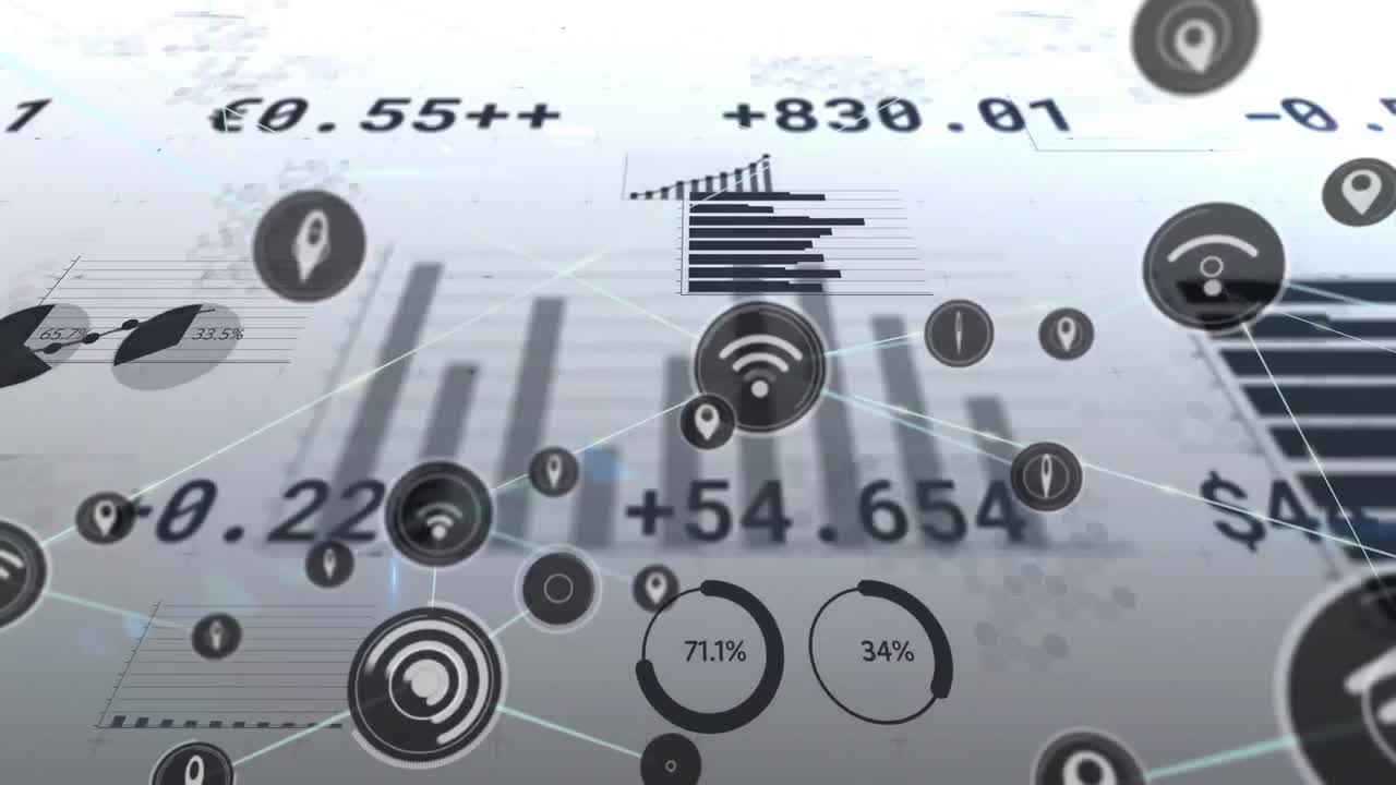 Animation of stock exchange financial data processing with digital icons