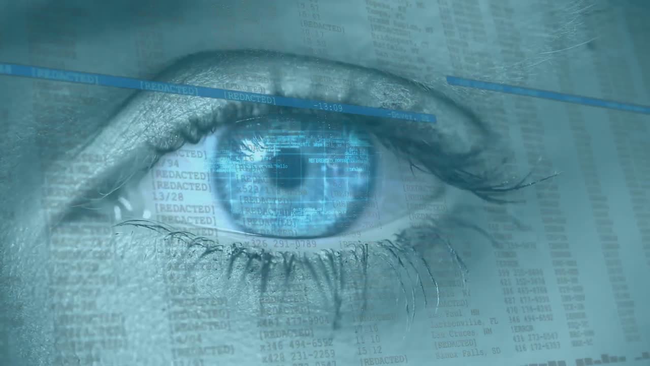 Animation of woman's blue eye opening with scrolling digital information and moving blue lines