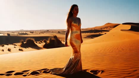 woman in gold dress walking through desert dunes at sunset