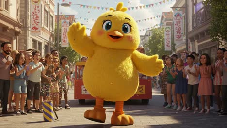 a vibrant celebration in the city as a cheerful yellow chick delights the crowd, bringing joy and energy to the festive atmosphere amongst happy onlookers