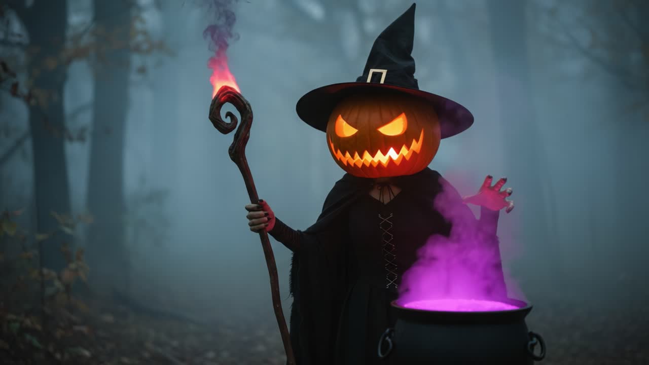 A Mysterious Witch with a Pumpkin Head Casts Spooky Spells in the Foggy Forest, Surrounded by Enchanted Smoke and Eerie Shadows During Halloween Night