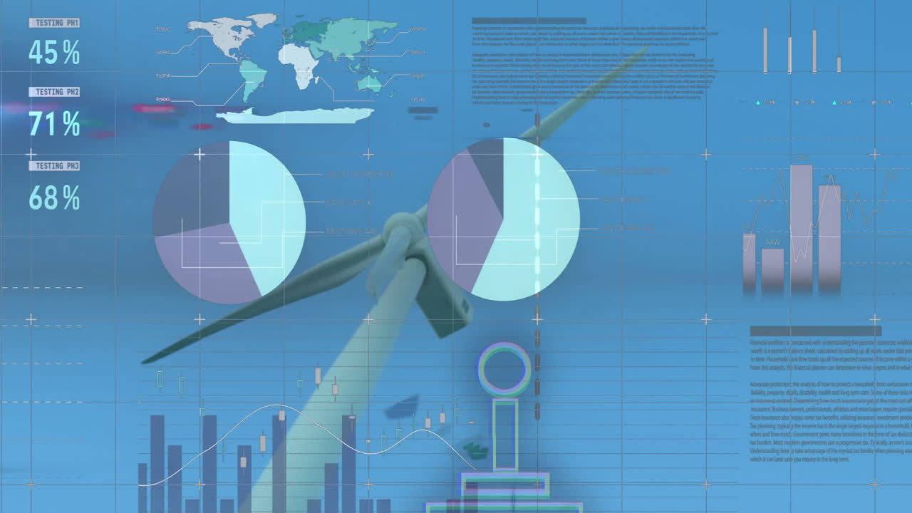 Animation of wind turbine with data charts and graphs overlaying global statistics